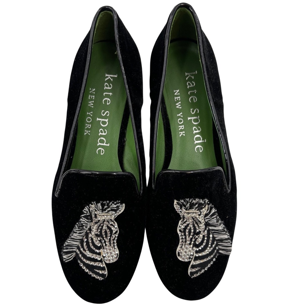 Kate Spade New York Zebra Velvet Loafers Black Crystal Embellished Flats 6.5B